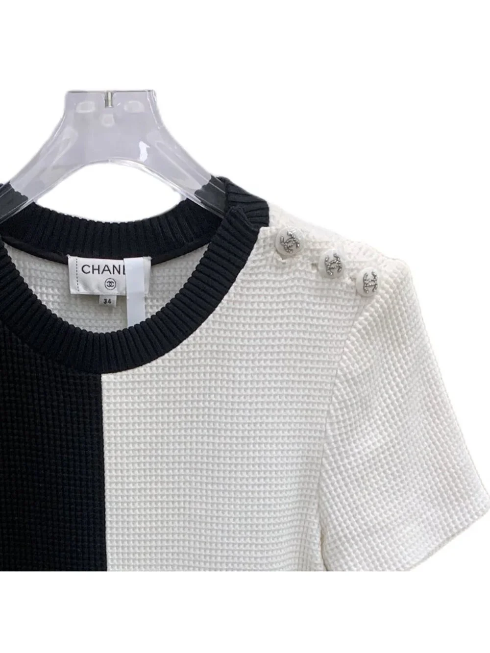 Chanel 21C Black & White Color-Block Cotton Button Detail T-Shirt